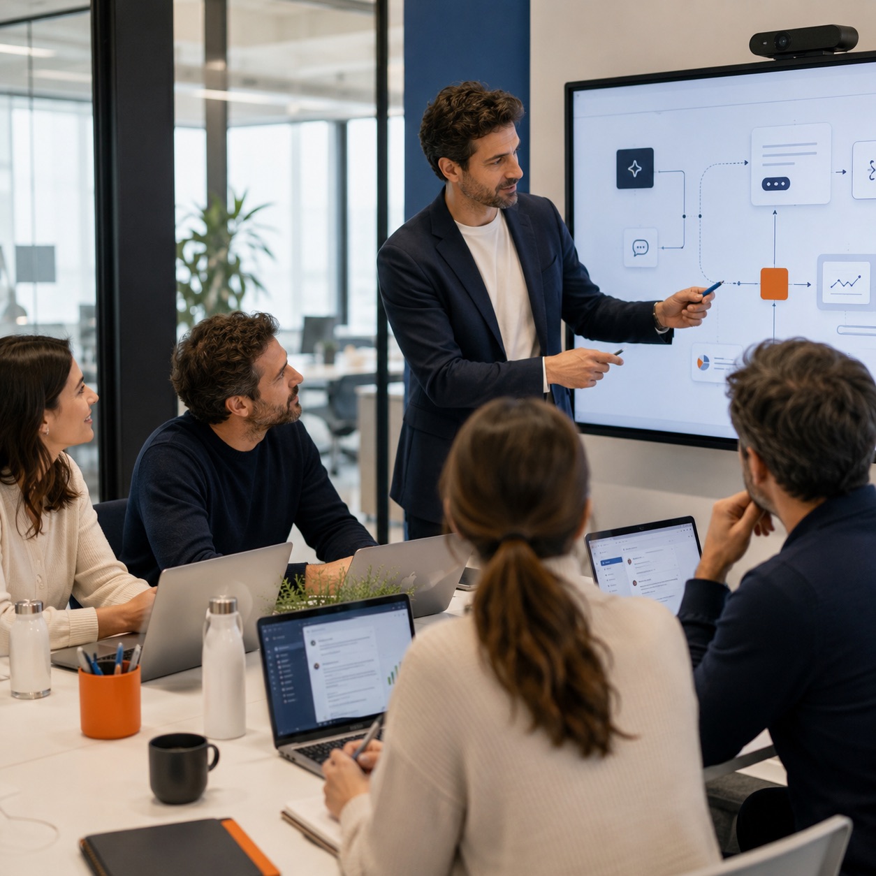 Team in riunione che lavora a un workflow AI su schermo