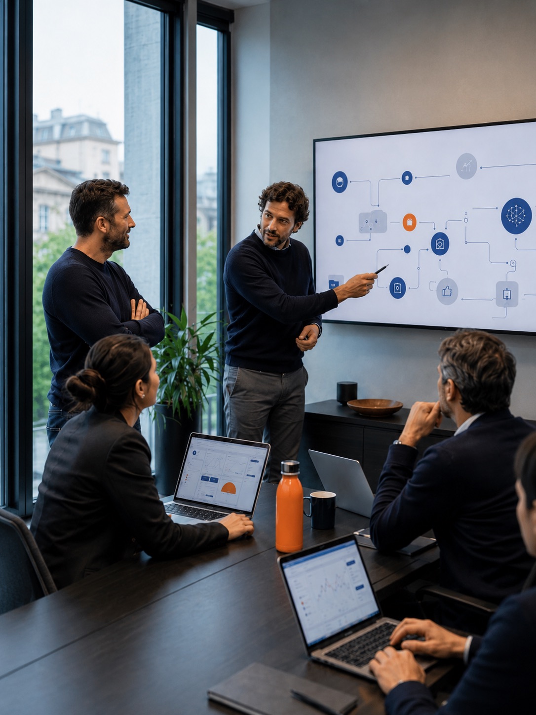 Docente BeGear che illustra un workflow AI a un team aziendale