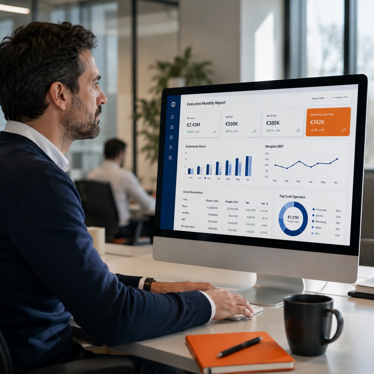 Finance manager che rivede una dashboard di reportistica